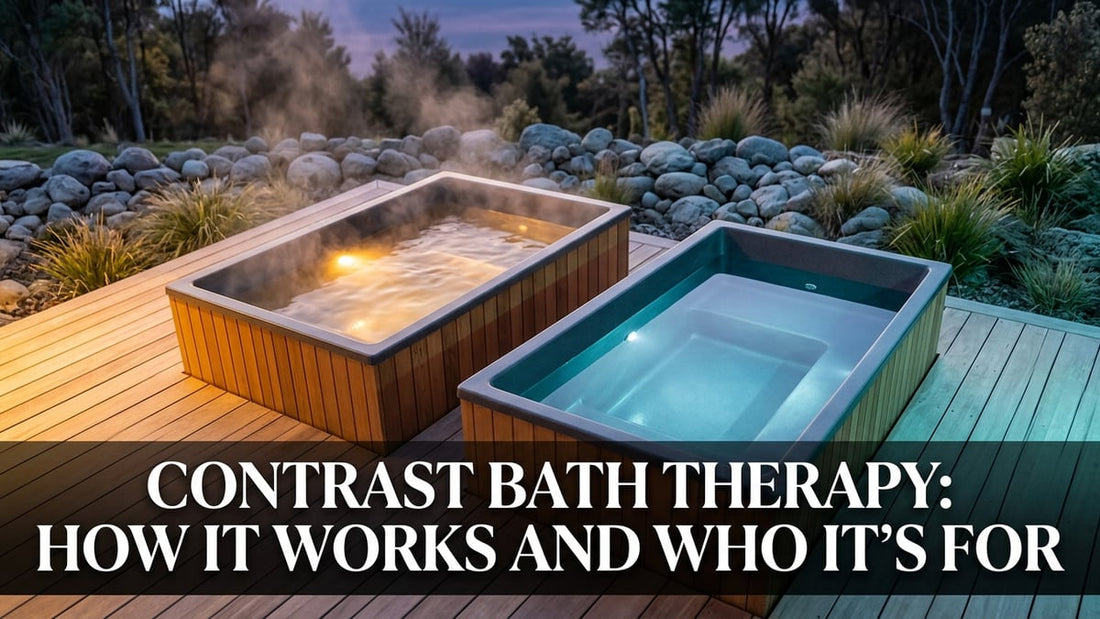 Two contrast bath tubs on a cedar deck, one hot and glowing amber, one cold and icy blue, cinematic lighting