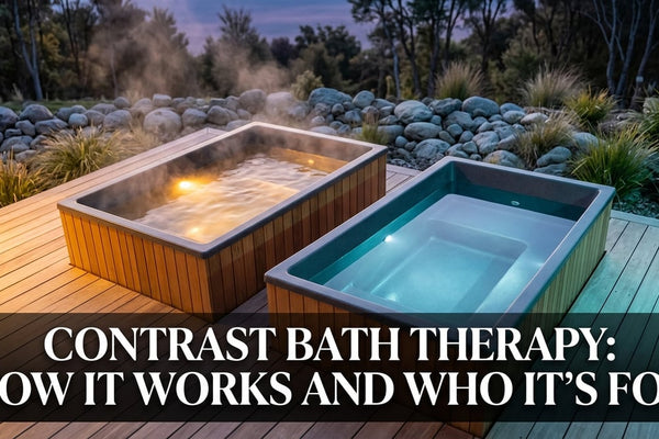 Two contrast bath tubs on a cedar deck, one hot and glowing amber, one cold and icy blue, cinematic lighting