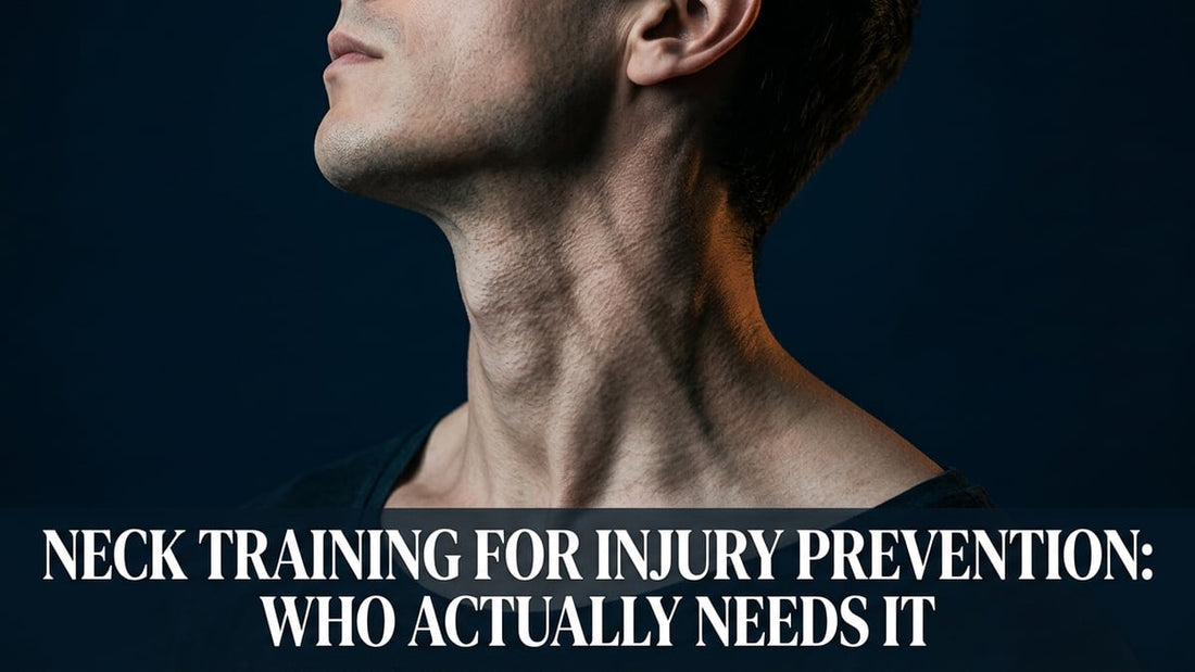 Cinematic studio portrait of human neck musculature lit dramatically against deep navy blue background for injury prevention article