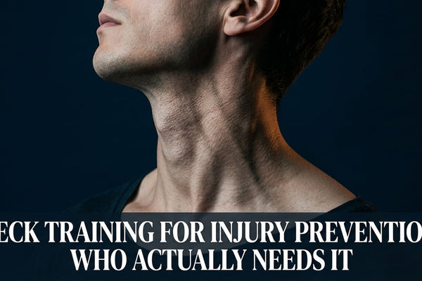 Cinematic studio portrait of human neck musculature lit dramatically against deep navy blue background for injury prevention article