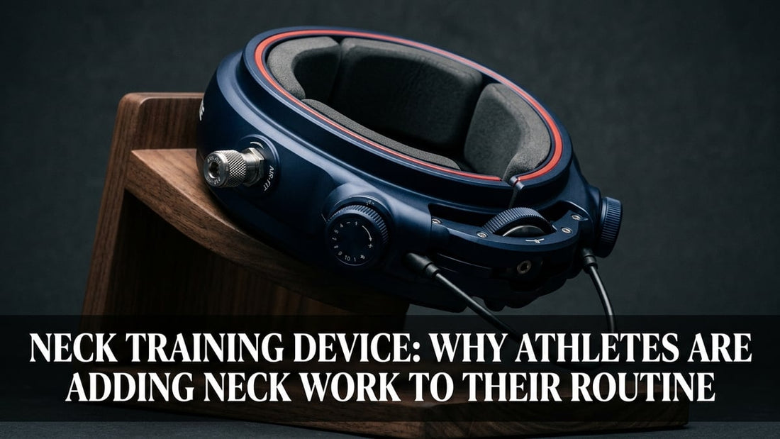 Premium navy blue rotational neck training device on minimalist stand with cinematic dramatic lighting