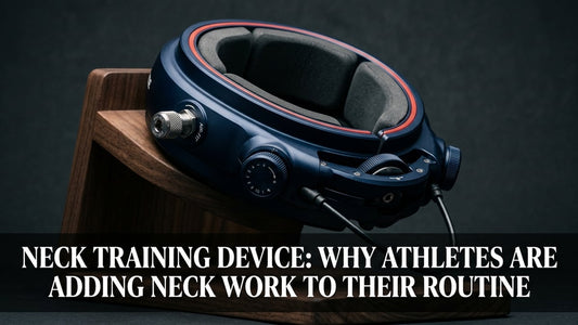 Premium navy blue rotational neck training device on minimalist stand with cinematic dramatic lighting