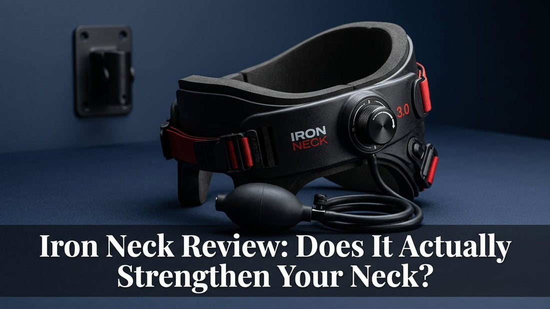 Iron Neck 3.0 training device displayed on a dark navy surface with dramatic studio lighting