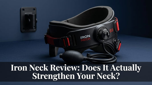 Iron Neck 3.0 training device displayed on a dark navy surface with dramatic studio lighting