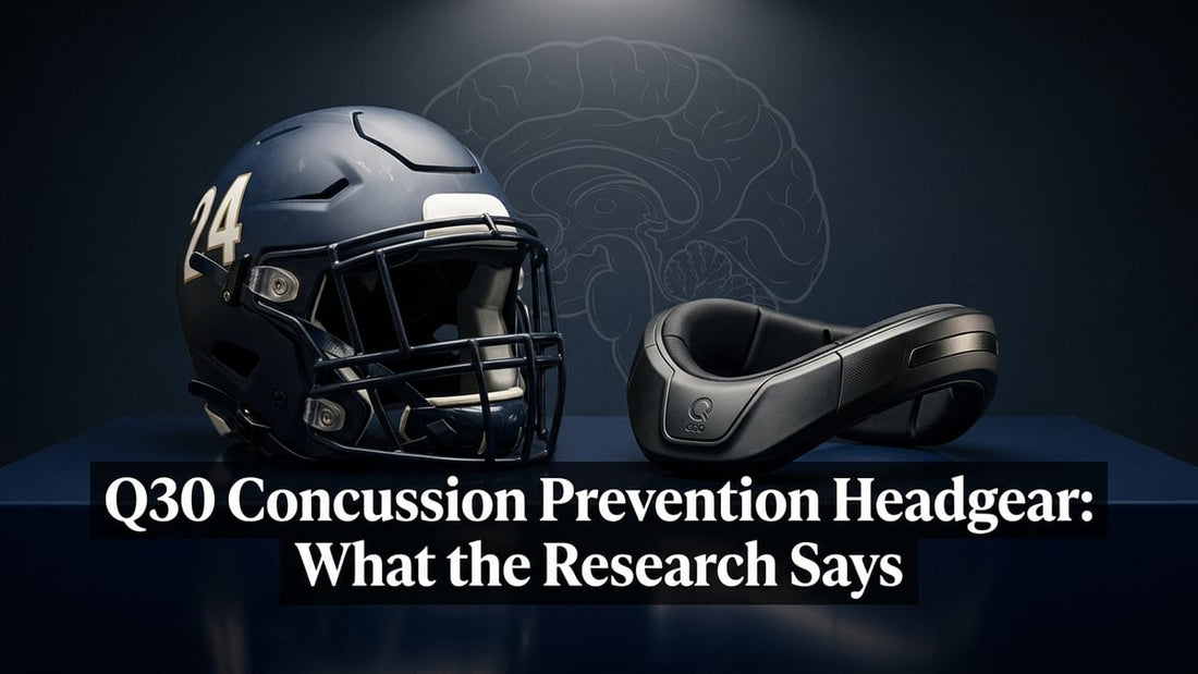 Q30 Q-Collar concussion prevention device beside a football helmet on a dark navy surface with article title text