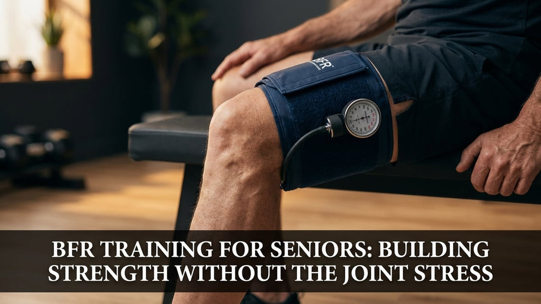 Navy blue BFR cuff on senior's upper thigh in minimalist clinical wellness studio with warm lighting
