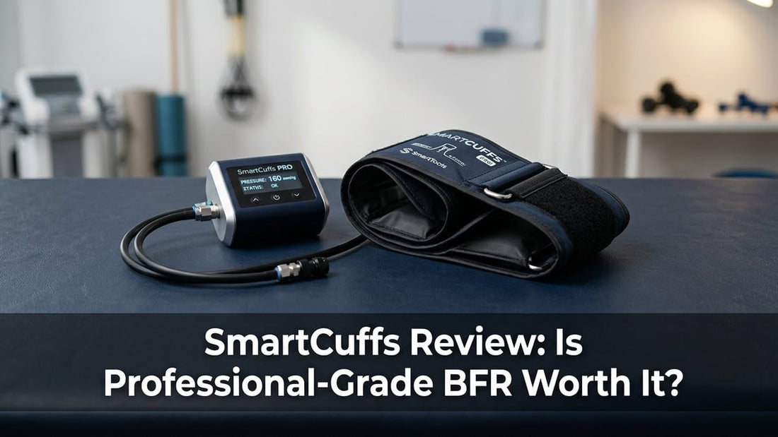 SmartCuffs PRO BFR pneumatic cuff and pump displayed on a dark navy clinical surface with cinematic lighting