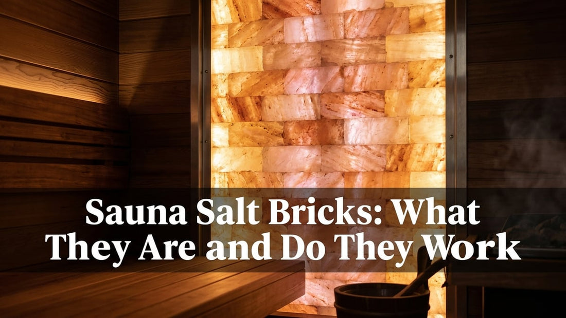 Illuminated Himalayan salt brick wall glowing amber inside a cedar wood sauna interior