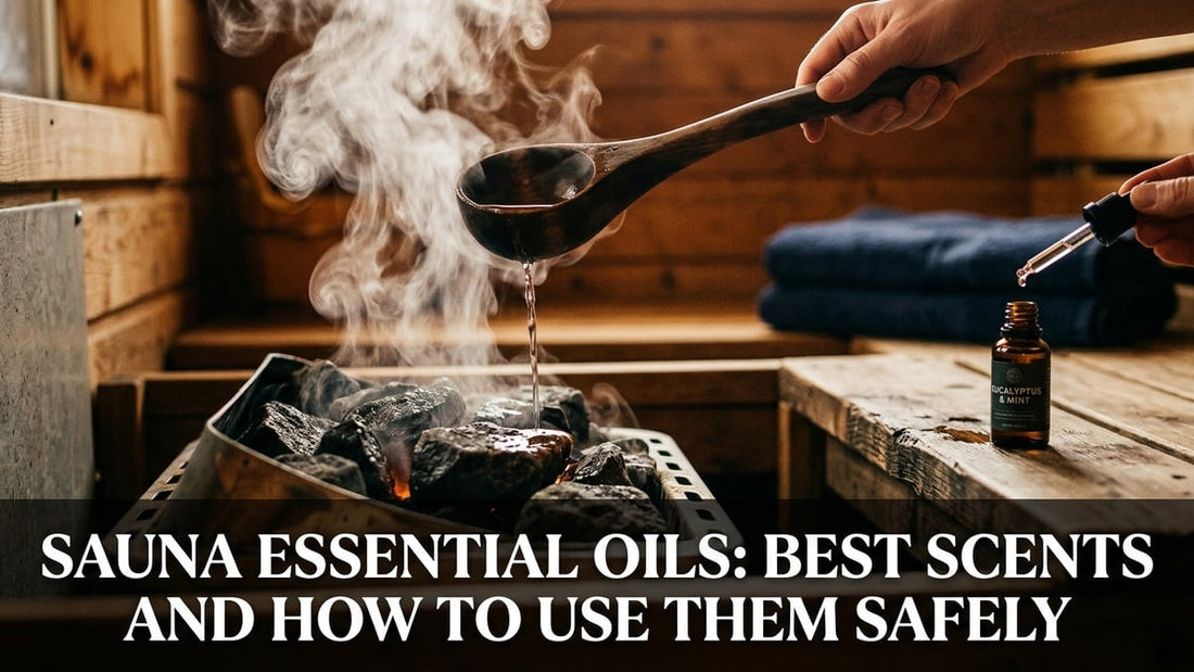 Cinematic sauna scene with essential oil bottle and steaming stones for aromatherapy session