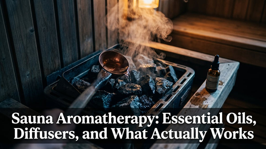 Cinematic sauna scene with steam rising from hot volcanic stones and an amber essential oil bottle on a wooden shelf