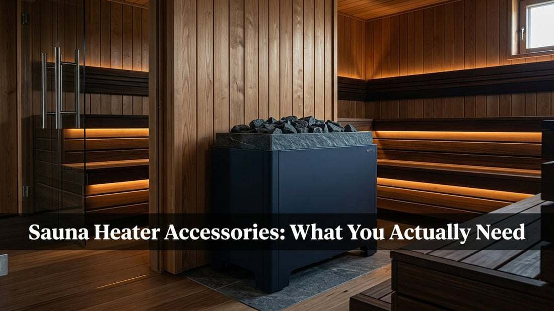 Premium Finnish sauna interior featuring a navy electric heater with volcanic stones and warm ambient lighting
