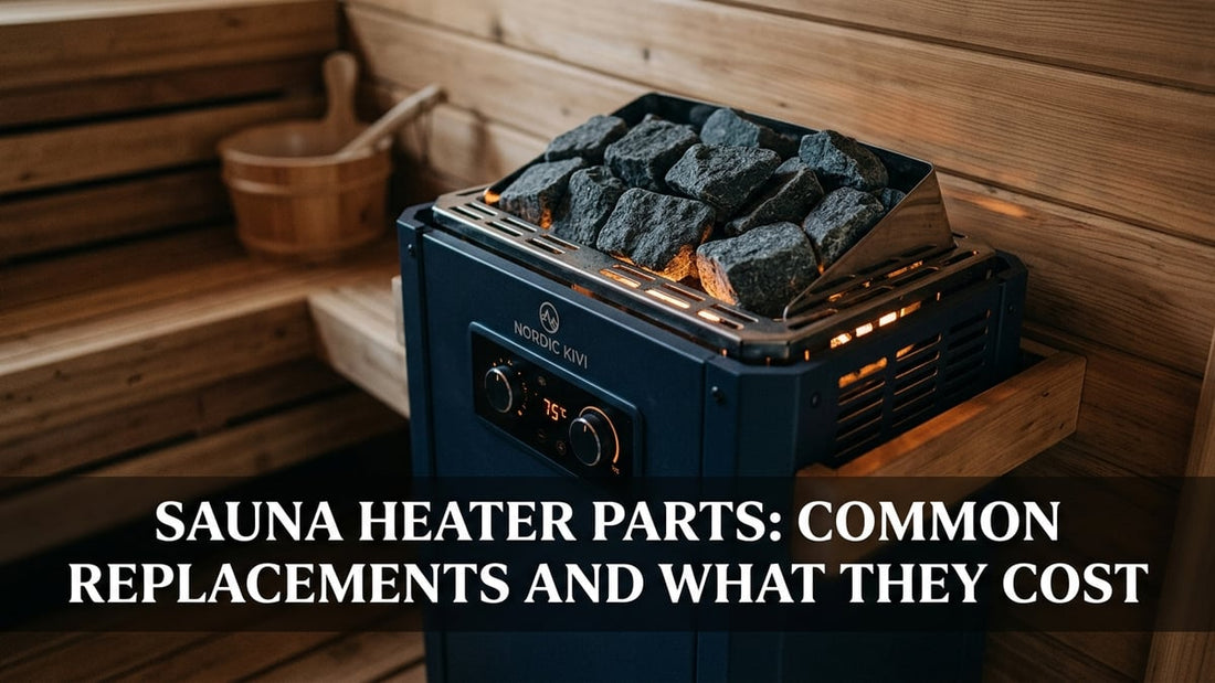 Premium navy blue electric sauna heater with volcanic stones on cedar wood wall showing heater element grille detail