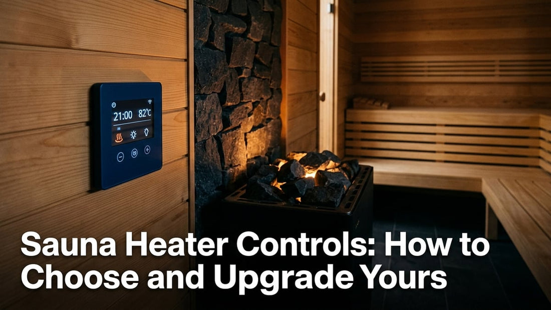 Modern sauna digital control panel mounted on wood wall beside glowing stone heater with article title text overlay