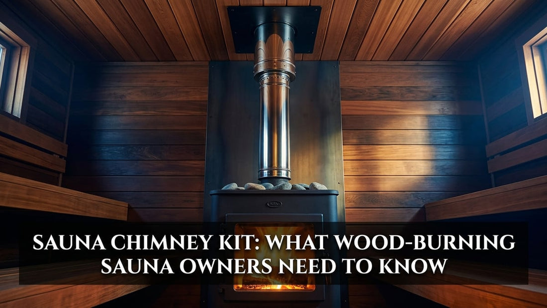 Wood-burning sauna interior with stainless steel double-walled chimney pipe rising through cedar ceiling above black stove