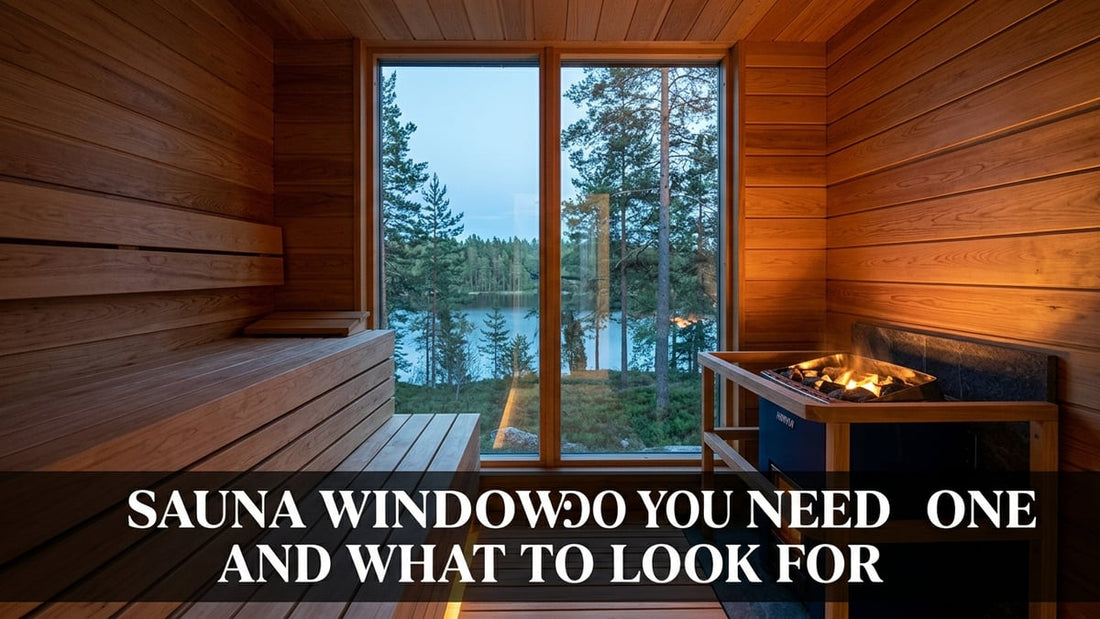 Cinematic interior of a hemlock sauna room featuring a large dual-pane tempered glass window flooding the space with natural light.