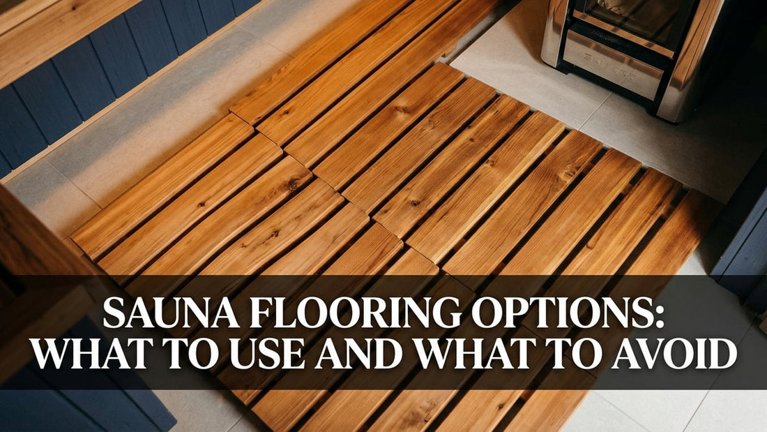 Top-down cinematic view of cedar duckboard sauna flooring over porcelain tile base in a minimalist sauna interior