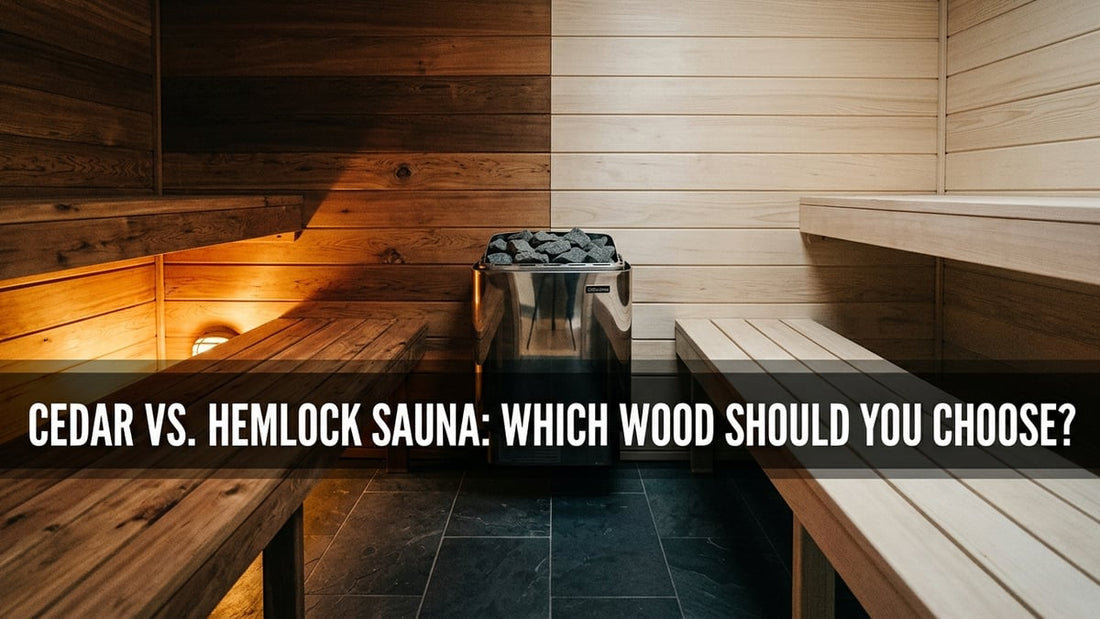 Split-view sauna interior comparing warm reddish cedar planks on the left against pale hemlock planks on the right