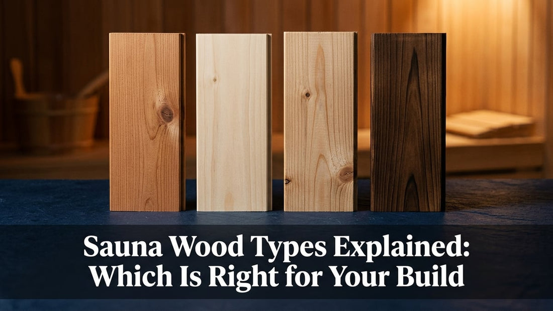 Four sauna wood species planks — cedar, aspen, hemlock, and thermo-aspen — compared side by side in cinematic studio lighting
