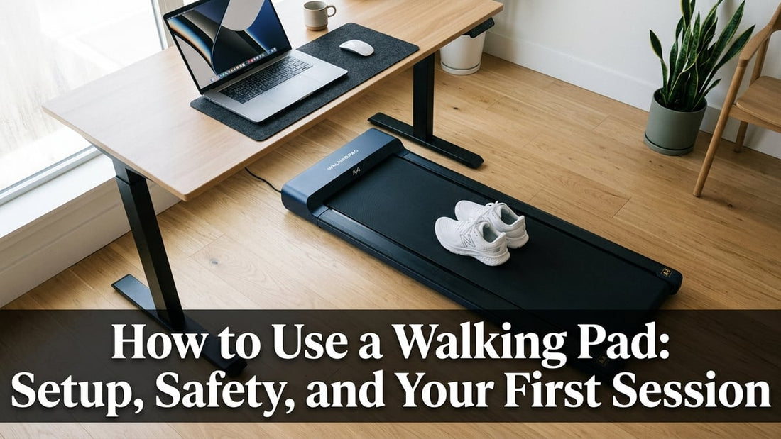 Cinematic overhead shot of a foldable walking pad on hardwood floor beside a minimalist standing desk