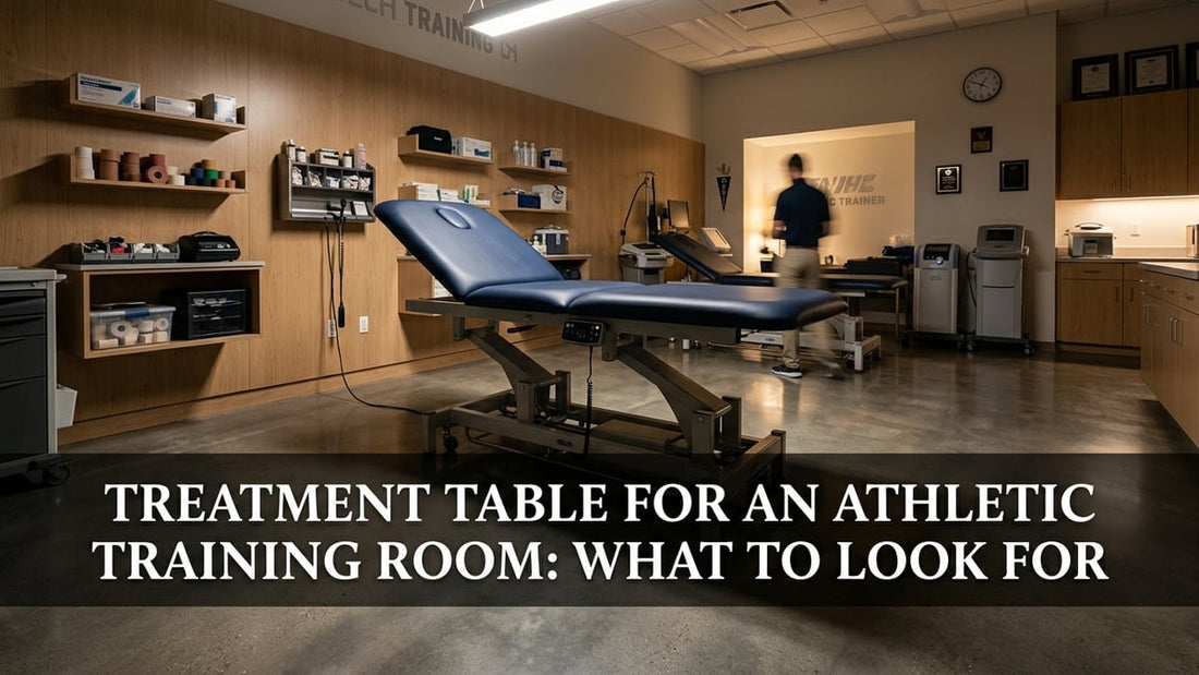Cinematic shot of a professional athletic training room with a motorized hi-lo treatment table as the focal centerpiece