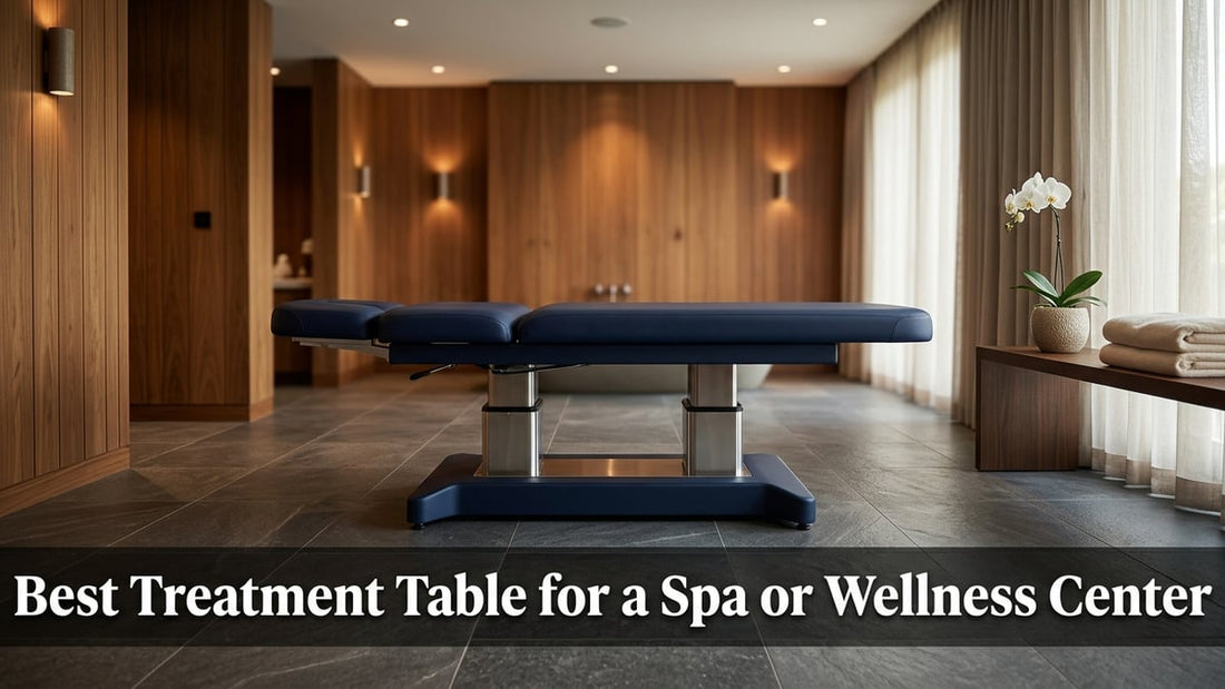 Premium motorized spa treatment table in a minimalist luxury wellness room with warm editorial lighting