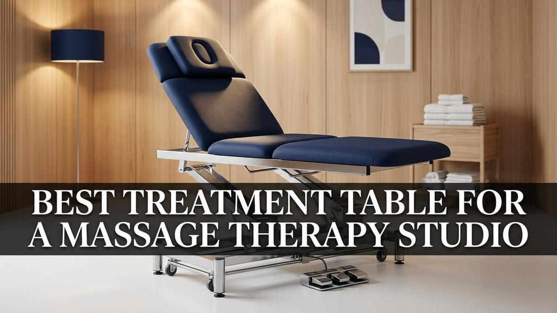 Professional electric hi-lo massage treatment table in a minimalist studio with warm lighting and wood paneling