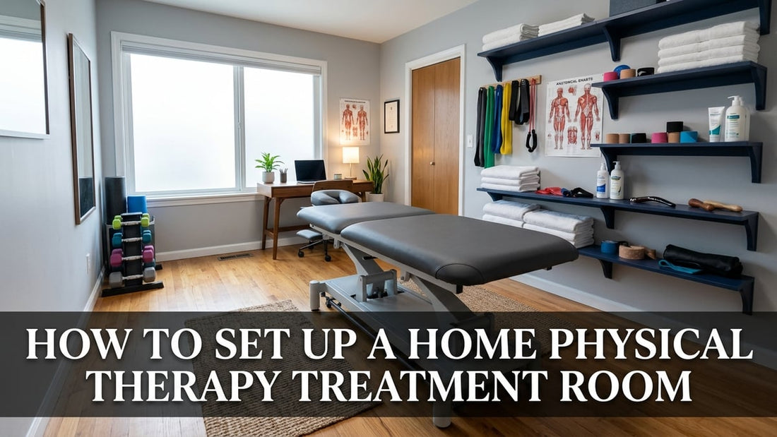 Professional home physical therapy treatment room with motorized hi-lo table, hardwood floor, and organized wall-mounted storage