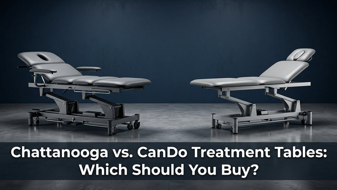 Side-by-side cinematic comparison of Chattanooga and CanDo electric hi-lo treatment tables in a minimalist clinical studio setting