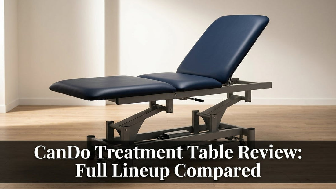 Cinematic studio shot of a CanDo three-section electric hi-lo treatment table with elevated backrest in a minimalist clinical room
