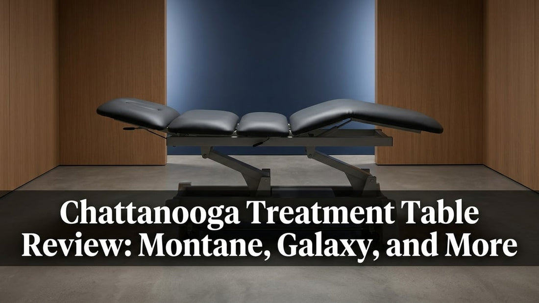 Cinematic studio shot of a Chattanooga motorized Hi-Lo treatment table in a minimalist clinical room with navy accent wall.