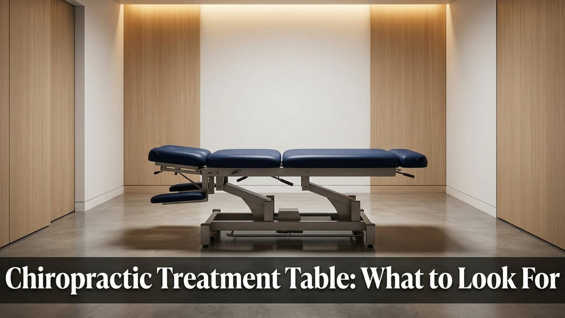 Professional chiropractic treatment table in navy blue upholstery centered in a clean minimalist clinical room