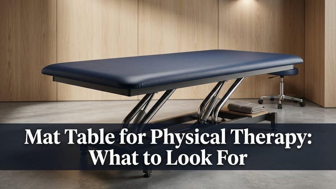 Cinematic shot of a wide navy blue clinical physical therapy mat table in a clean minimalist rehabilitation room