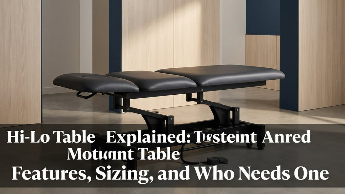 Cinematic studio shot of a motorized hi-lo treatment table in a minimalist clinical room with warm professional lighting