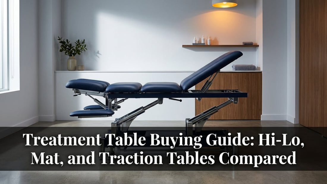 Professional hi-lo electric treatment table in navy blue upholstery inside a clean minimalist clinical room