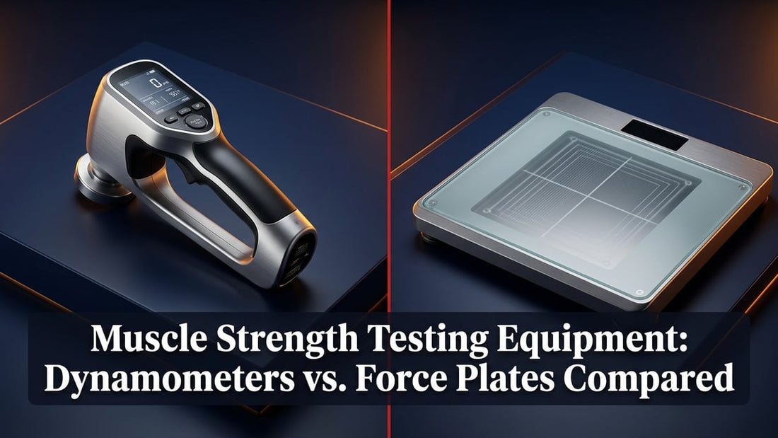 Hero image showing a handheld dynamometer and force plate side by side on a dark navy background