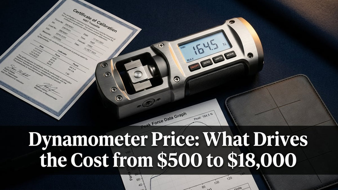 Professional handheld dynamometer on navy surface with calibration certificate and clinical data printout