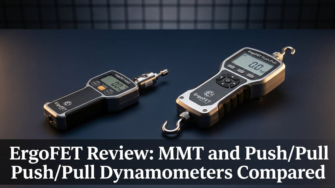 Two ErgoFET dynamometer models — MMT and push/pull — displayed side by side on a navy blue surface with cinematic studio lighting.