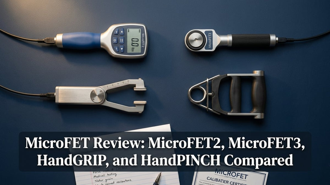 Cinematic flat-lay of four MicroFET handheld dynamometer devices arranged on a navy surface with studio lighting.