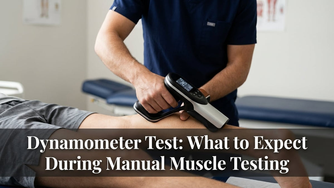Clinician performing a handheld dynamometer test on a patient's lower leg in a clinical setting