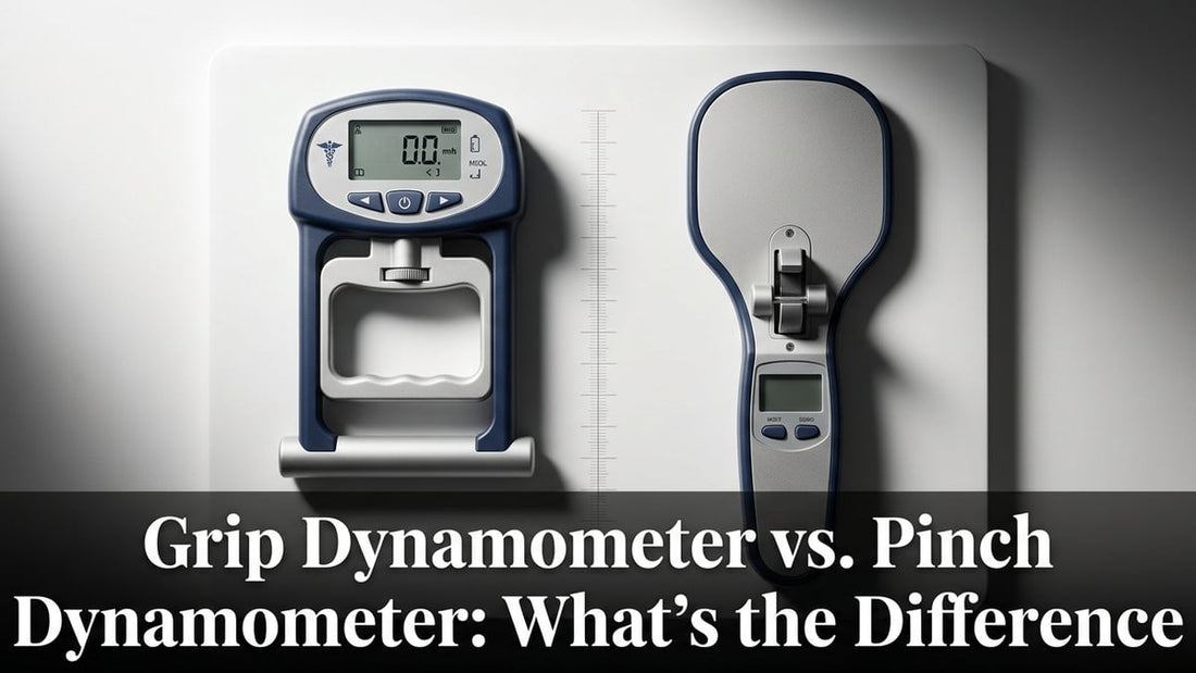 Top-down studio shot of a grip dynamometer and pinch dynamometer placed side by side on a white surface