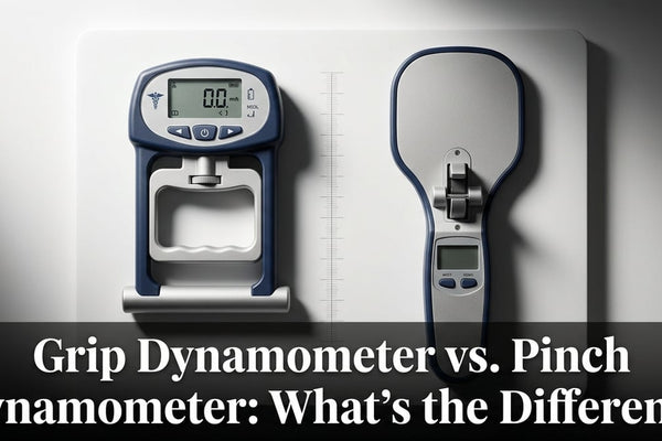 Top-down studio shot of a grip dynamometer and pinch dynamometer placed side by side on a white surface