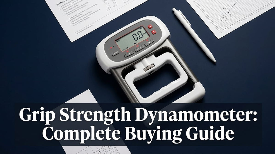 Professional medical-grade grip strength dynamometer on navy surface with clinical accessories and bold title text