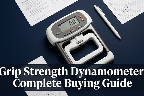Professional medical-grade grip strength dynamometer on navy surface with clinical accessories and bold title text