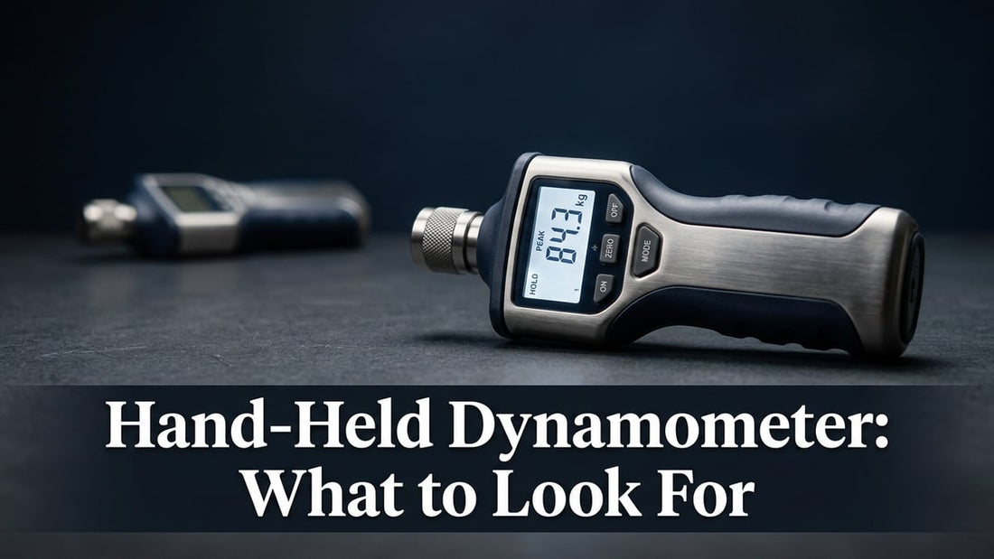 Professional hand-held dynamometer with glowing digital display on a dark navy clinical background