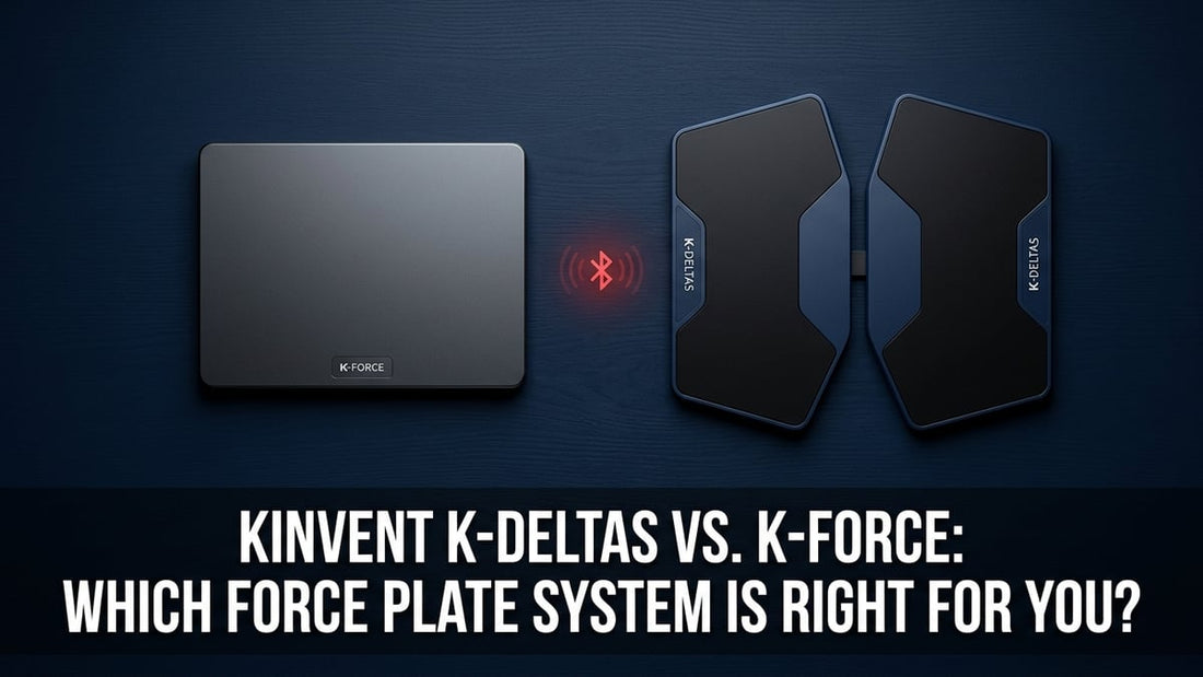 Side-by-side top-down product shot of Kinvent K-Force and K-Deltas force plate systems on navy surface