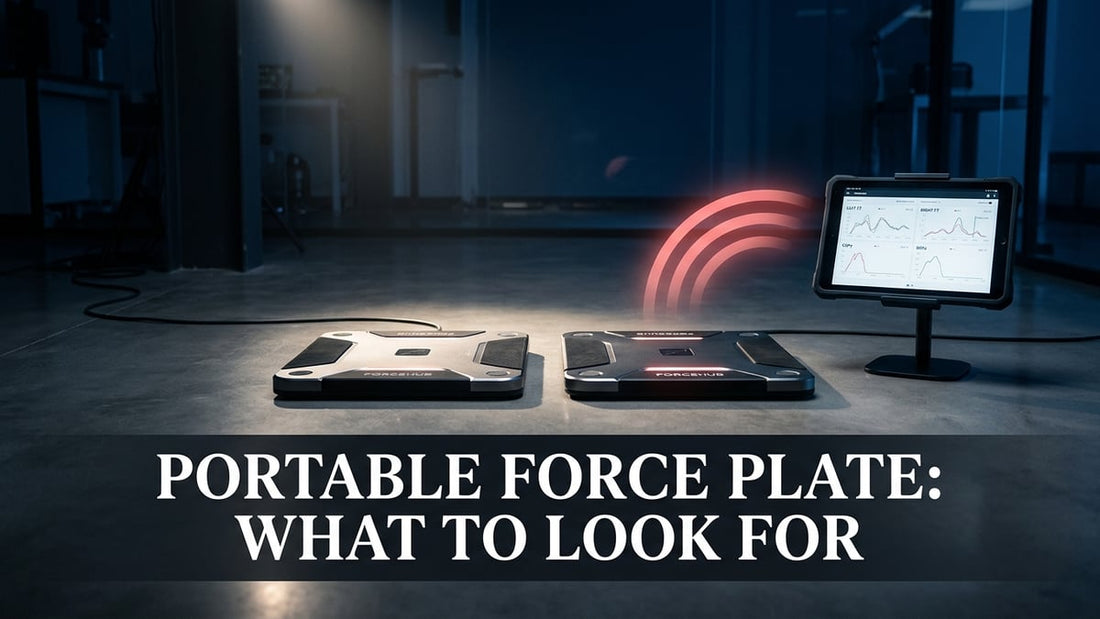 Two portable force plates on a clinical floor with Bluetooth data transmission and performance metrics displayed on a tablet