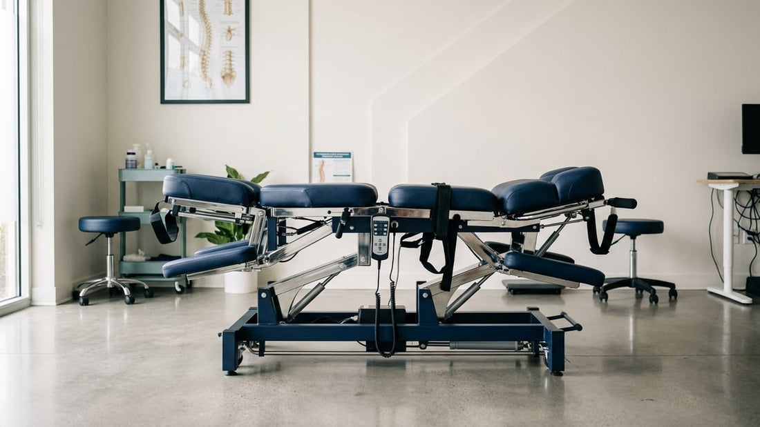 Professional decompression traction table in a clean clinical room with navy upholstery and chrome mechanical sections