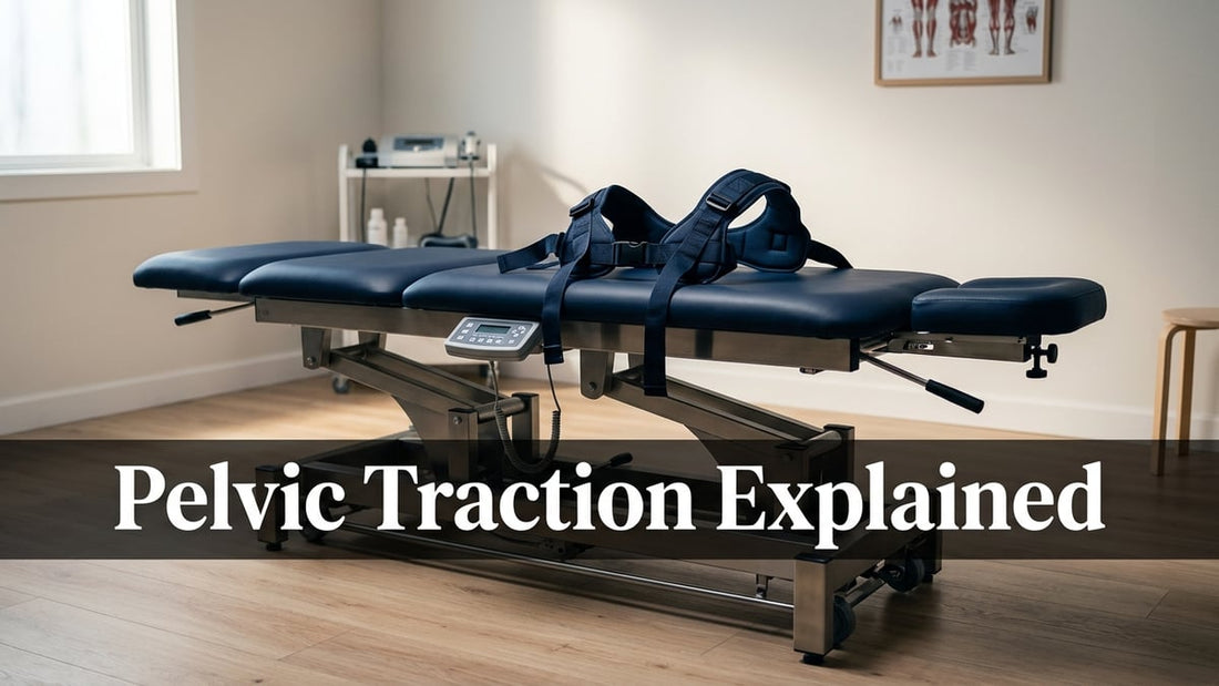 Clinical pelvic traction table with professional harness setup in a modern minimalist treatment room