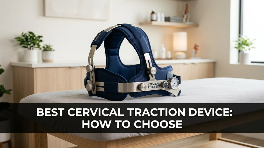 Premium cervical traction device on a clinical treatment table with professional studio lighting and branded title text