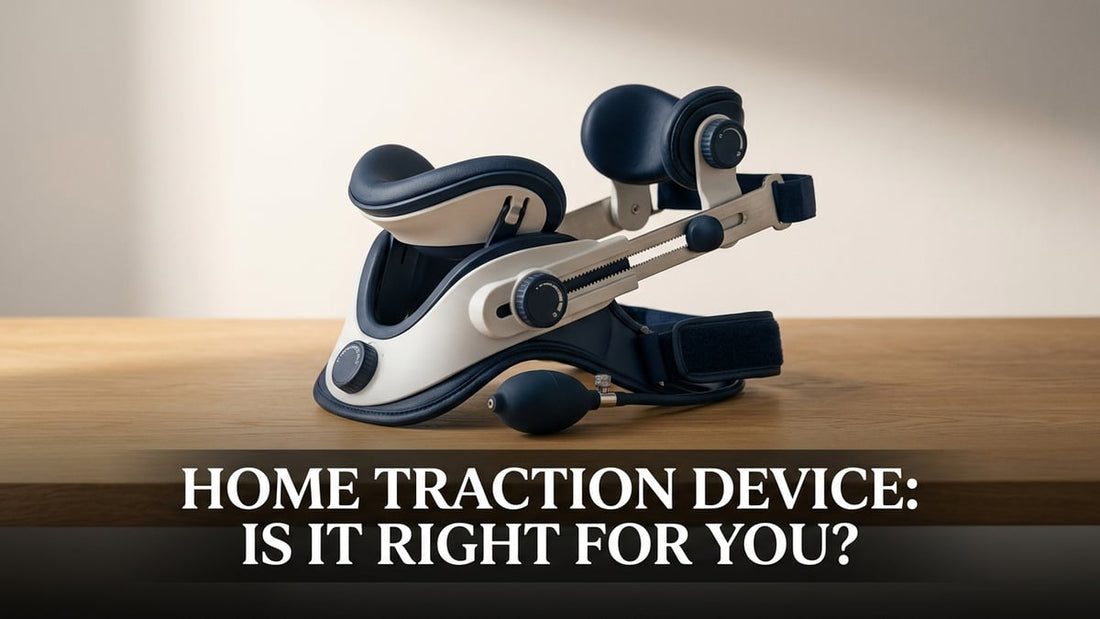 Professional cervical home traction device on a clean wooden surface with dramatic studio lighting
